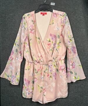 Guess Floral Wrap Darla Romper Womens Size L Pink Bell Sleeves V-Neck *NO BELT